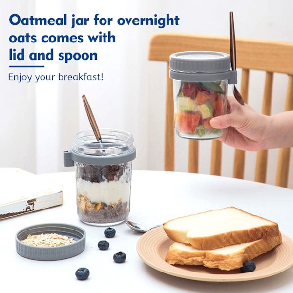 2 glasburkar för overnight oats med lock och skedar för mjölk, flingor, fruktförvaring Mason overnight oats burkar (350 ml)