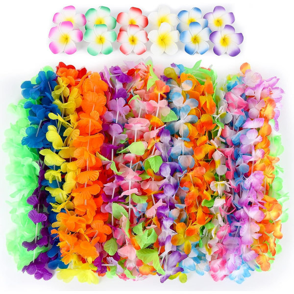Hawaiiansk kranshalsband, 36st färgglada volanger regnbågsblomma Frangipani hårspännen, sommartema klänning Festdekoration Silke
