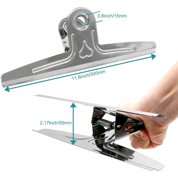 2 kappaletta 30 cm ruostumattomasta teräksestä valmistettuja jättimäisiä jättikokoisia kansioklipsuja paperinpidikkeitä
