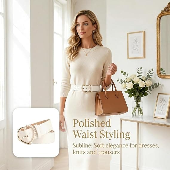 Teksturert PU-belte med perleaksentert oval spenne - Slank midjedefinerende stropp for kvinner, justerbar passform for kjoler, jeans, hvit White