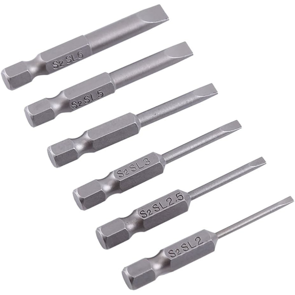 6 kpl 50 mm 2,0-6,0 mm litteäkantainen rako-ruuvimeisselin kärkisarja S2-seos magneettinen 0,25 tuuman kuusiokolo rako-ruuvimeisselin kärjet