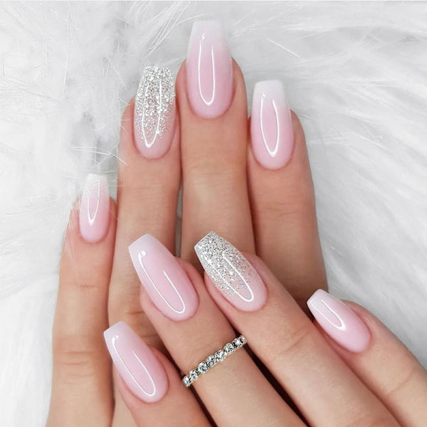 Tryck på franska naglar fyrkantiga falska naglar rosa vit gradient nagelspetsar akryl full täckning glitter självhäftande för kvinnor flickor 24 st