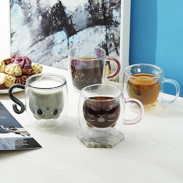 Sød kattekaffekop, dobbeltvægget glas tekande, Valentinsdag påske, gave til kvindelig kone og mor