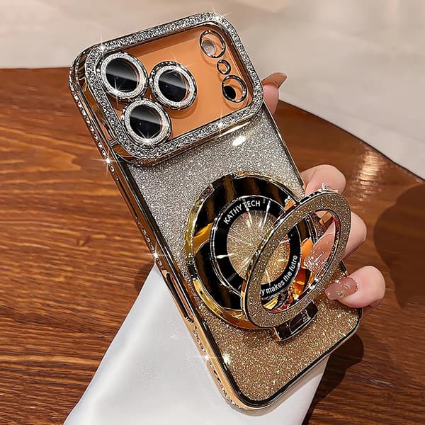 Magnetisk stativ for iPhone 18 Pro Max-deksel med glitter, bling og kort, gull Gold iPhone18PROMAX