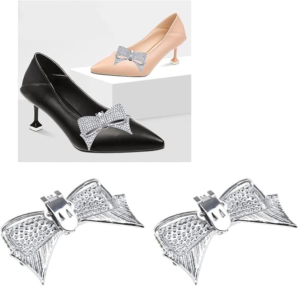 Set med 2 sløyfesko klips med avtagbar rhinestone glitter sko Silver