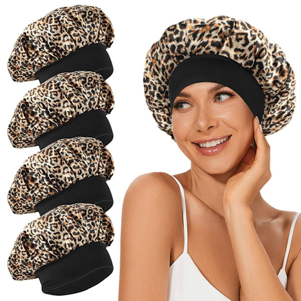 Fire nattluer/hårluer i silkesateng, bred elastikk (leopardmønster x4)