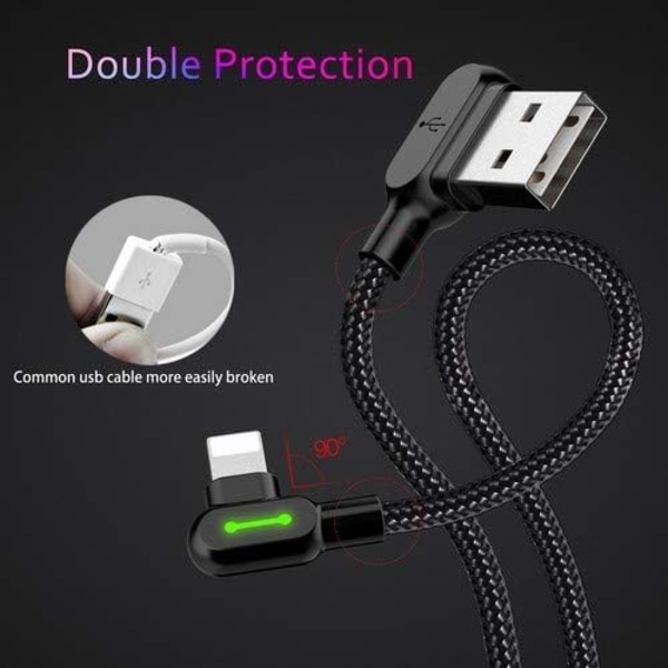 USB-kabel med rät vinkel och LED-lampa, 90 graders laddningskabel, nylonflätad, reversibel USB, snabb dataöverföring, laddningskontakt, adapter, fungerar med iPhone