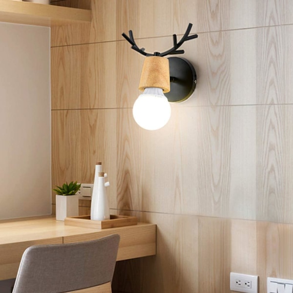 Sæt med 2 moderne kreative væglampe design gevirer indendørs væglampe træ og metal art deco væglampe (sort)