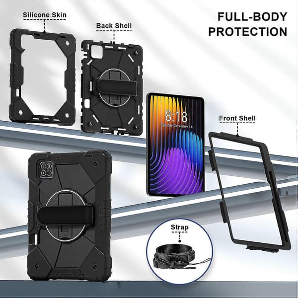 Til Xiaomi Pad 7 Pro/Pad 7 Cover Silikone+PC Støtteben Tablet Cover med Praktisk Rem - Sort/Sort