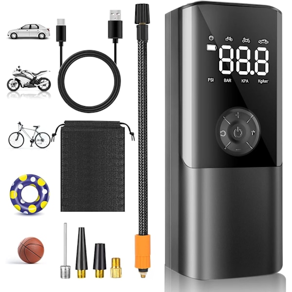Bil Dekk Luftpumpe, 6000mAh Mini Bærbar Luftkompressor, 150 Psi Sykkelpumpe med Trykkmåler, Elektrisk Dekk Luftpumpe for Bil Dekk, Sykkel, Baller