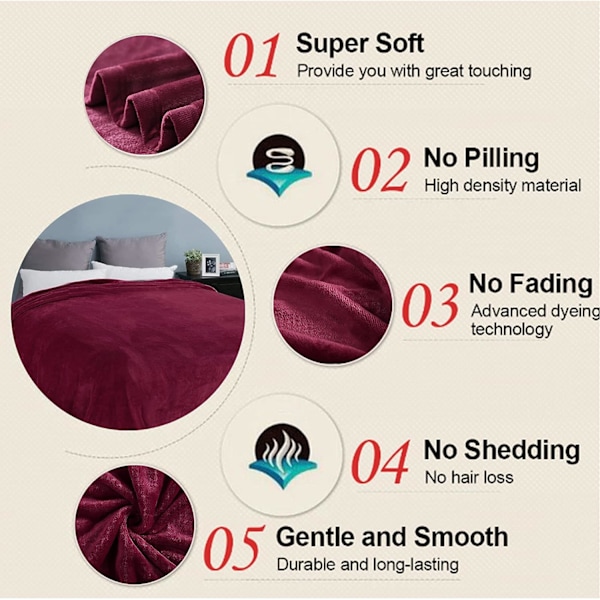 Blød Queen Size tæppe til alle årstider Vinter varm Microplush letvægts termisk fleece tæpper til sofa seng sofa, 200x230cm, Bourgogne