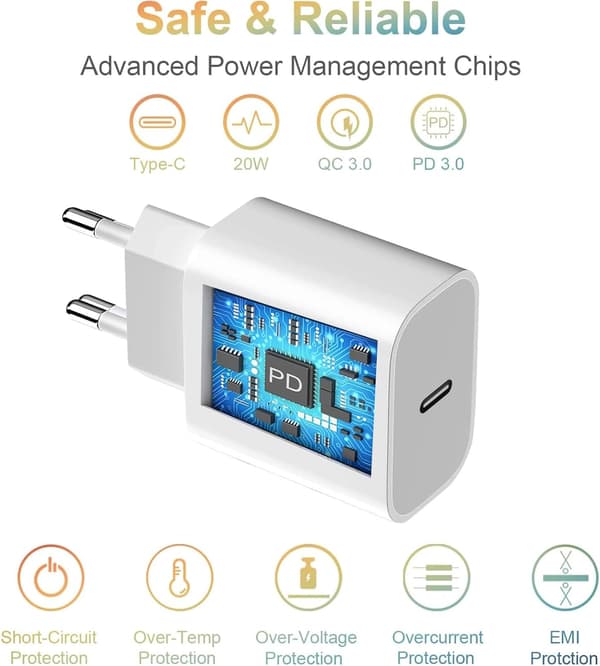 20W USB-C Strømadapter til Apple, USBC Strømadapter Hurtigoplader til Phone 15, iPad, AirPods, Samsung S23 S22 S21