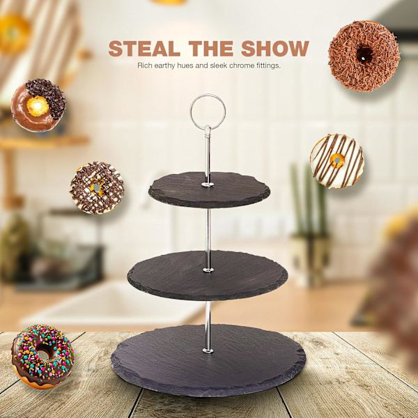 3-vånings kakställ - Naturlig skiffer | Robustt afternoon tea-ställ för att visa upp kakor, cupcakes och bufféfat