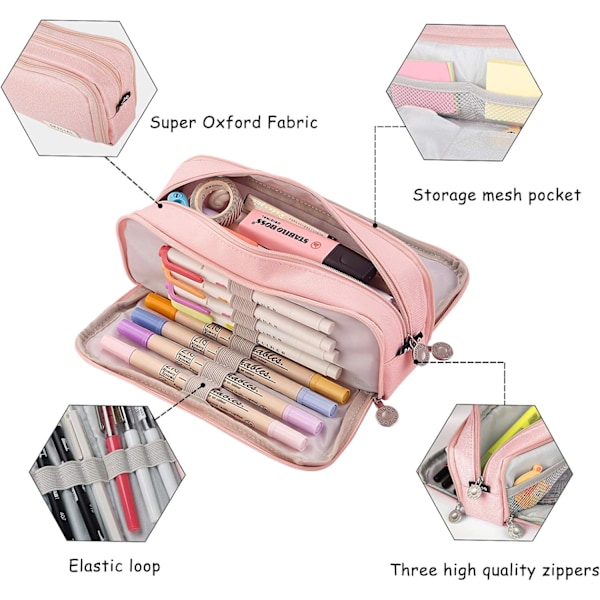 Pencil Case, Stationery Bag Zipper Triple Pocket Pink