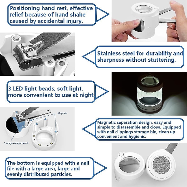 Nagelklippare med förstoringsglaslampa, tånageltång i rostfritt stål med nagelfilpoleringsbas