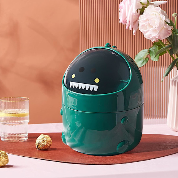 Mini skrivbordspapperskorg med lock, söt liten dinosaurie bänk papperskorg