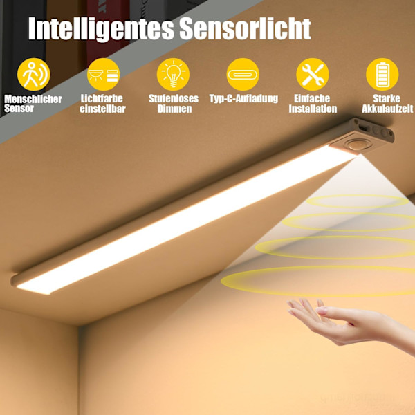 30 cm garderobsljus med rörelsesensor inomhus, trådlös LED-köksljusremsa, 6000K skåpsbelysning med 3 belysningslägen, USB-laddningsbar, 2-pack