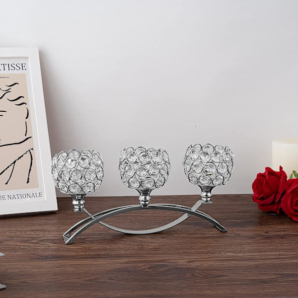 3-armade kristalljusstakar, bågformade kristalljusstakar för bröllop, middag med levande ljus, dekorativt hem, silver