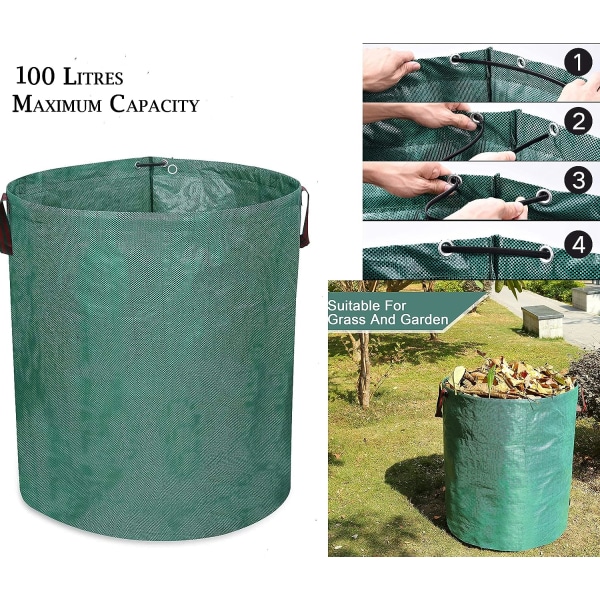 Återanvändbara tunga trädgårdsavfallspåsar, återvinningsbara trädgårdssoppåsar med industrityg och handtag-Vattentätt skräp -100 liter maximal kapacitet (4)