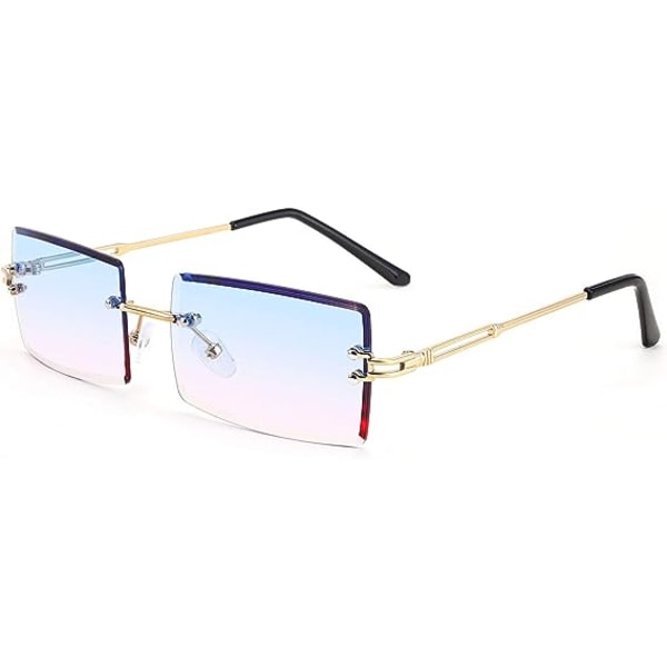 Ett par retro båglösa solglasögon rektangulära ramlösa godisfärgade glasögon hona hane (guldbåge på blått och rosa)