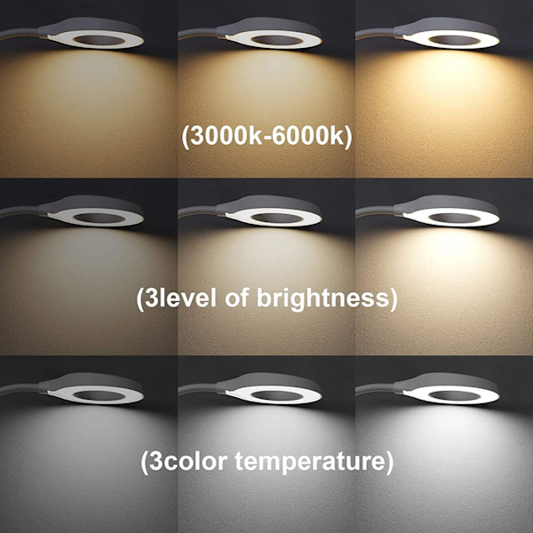 LED-skrivebordslampe, klemme på lys LED-ringlys læselampe med 3 farvetilstande, 9 dæmpere, 60 LED'er, 360° fleksibel svanehals
