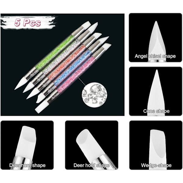 5 st Silikon Nagelkonst Penslar, Dubbeländad Manikyr Skulpteringspenna, Nagelkonst DIY Dekorationsverktyg Nagelborste Pricknings Salon Verktygsset