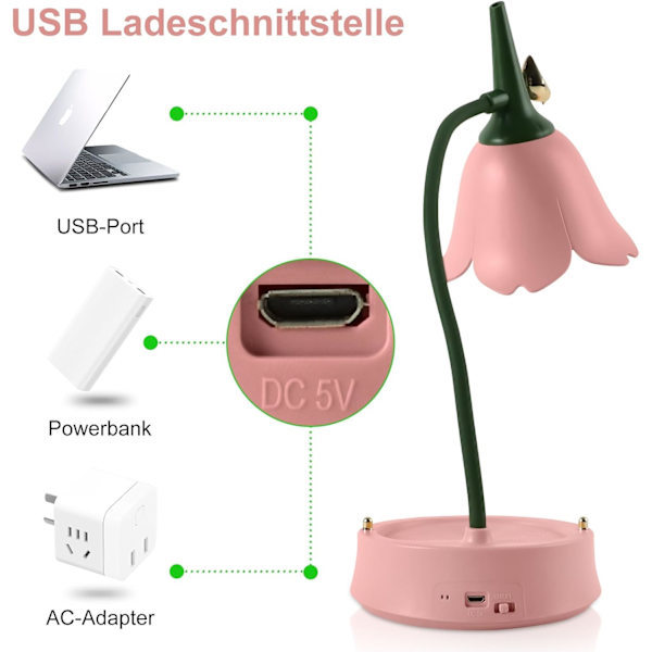 LED-blomskrivbordets sladdlösa bord 3 färglägen söt touch-läslampa USB-laddningsbart ögonskydd nattljus (grön) Pink