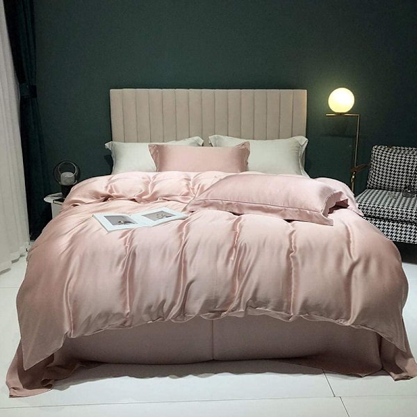 Sengesett, ensfarget silkefarget dobbeltsidig Tencel firedelt dynetrekk isark naken silke sommer, (200x230cm) Pink-2