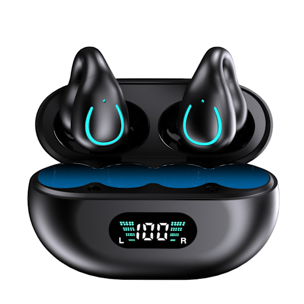Benledende hodetelefoner Trådløse ørepropper - Bluetooth 5.3, Innebygd mikrofon HIFI-lyd med LED-display Laderetui, Svart