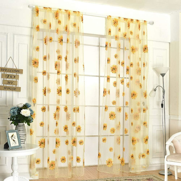 Solsikke Semi-Transparent Gardiner med Øjer, Voile Gardin Transparent Flora Blomster 95x200cm