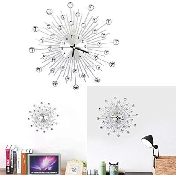 3D Kristallväggklocka, 30 cm, med gnistrande spegel och rund väggdekor i strass
