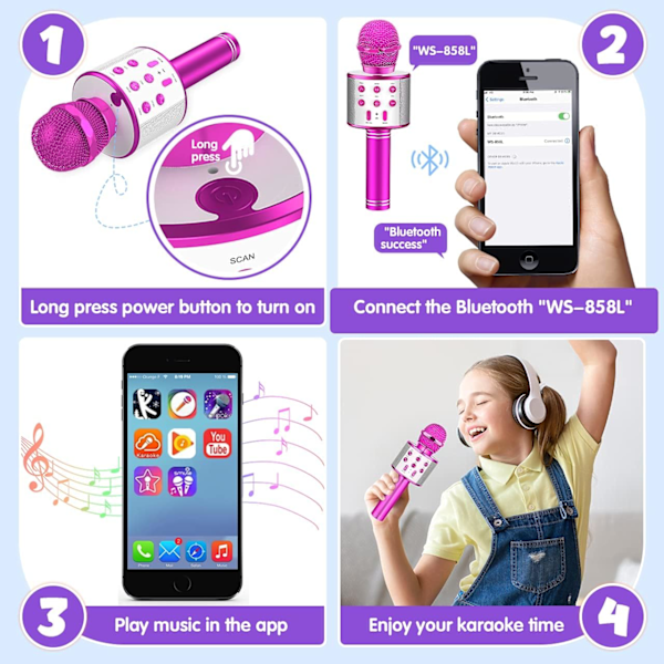 Trådløs Bluetooth-mikrofon for barn, karaoke-mikrofon for Android/iPhone/iPad/Sony/PC - Beste gaver for 4-12 år gamle jenter/gutter (rosa)