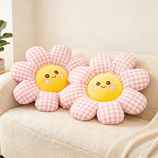 Smile Face Daisy Prydnadskudde, 2-pack, Rosa Rutig Dekorativ Kudde Pink