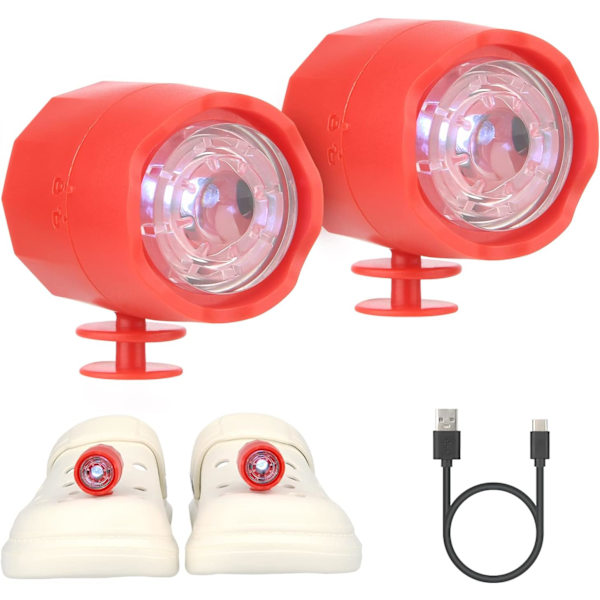 Croc-otsalamppu, 2 kpl LED-valoa puukengän otsalamppu IPX5 vedenpitävä kenkävalo koiranulkoilutukseen, retkeilyyn, C-tyypin ladattava valo (punainen)