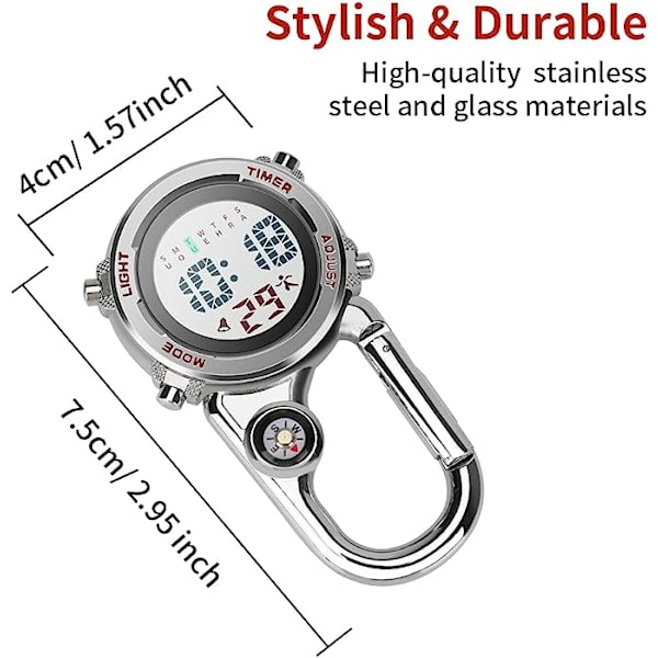 Karabinhage Ur Digitalt Clip-on Quartz Ur Multifunktionelt Karabinhage FOB Ur Lysende Urskive Kompas Karabinhage Ur med Kompas（rød）
