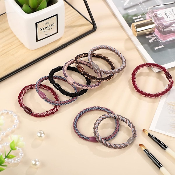12 stk. elastiske hårbånd i bomuld, flettede hårelastikker, flettede hestehale-accessories til kvinder (blandede farver) Set 2