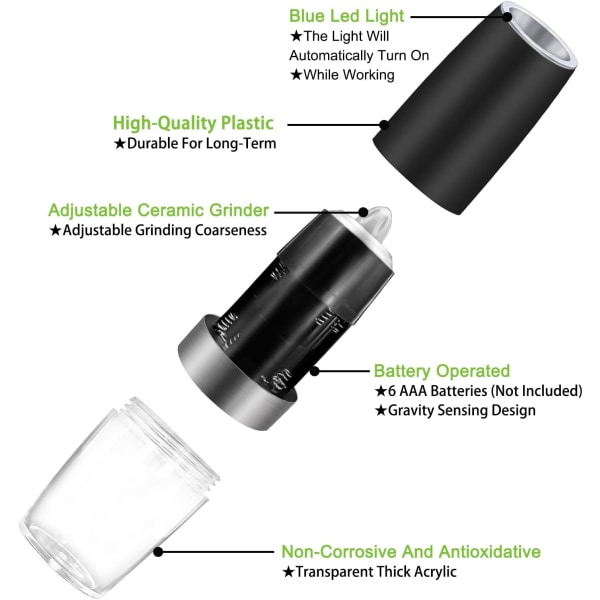Elektrisk salt- och pepparkvarnset, gravitationselektrisk pepparkvarn batteridriven saltkvarn med LED-blått ljus
