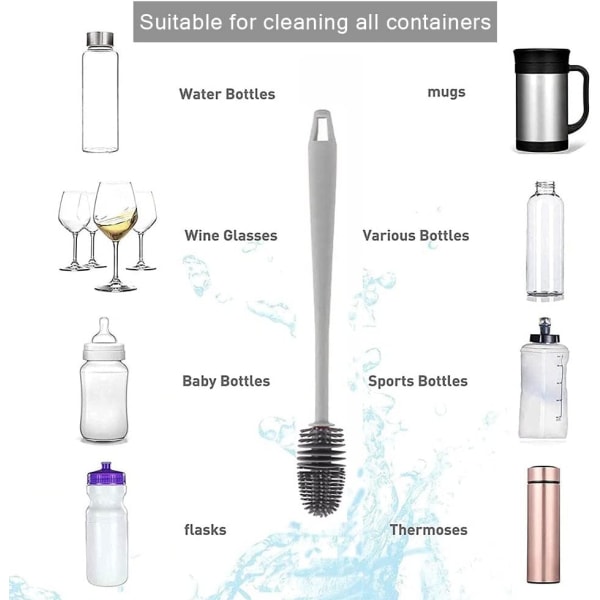 Baby , Långt skaft, mjuk silikonflaskarengöringsborste för rengöring av flaskor Termosflaskor av glas Olika behållare (grå)