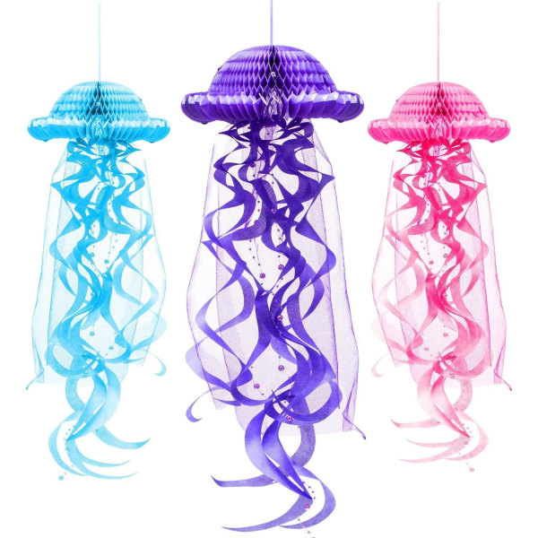3 Pieces Mermaid Birthday Party Decorations Paper Honeycomb Paper Jellyfish Lantern Tissue Honeycomb Ball Hanging Decoration