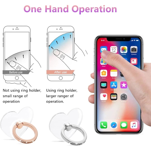 Transparent Mobiltelefon Ringholder, 2 stk. Telefonstativ, 360 Graders Rotasjon Hjerte med Diamant Mobiltelefon Ringstøtteholder