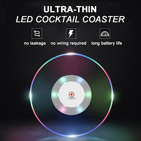 6 stk. LED-glasbrikker til drinks, ultratynde LED-glasbrikker lyser op