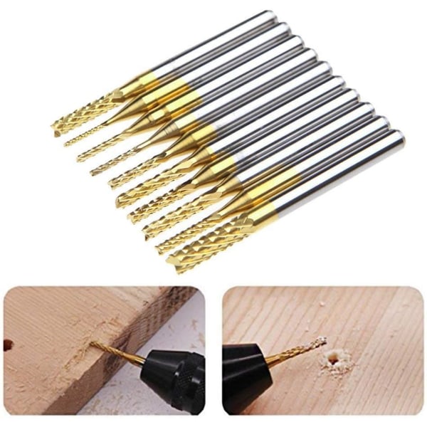 10 stk. PCB roterende fræsere titaniumbelagt hårdmetal end mill gravering bits sæt 1/8\" (3mm) skaft bor til CNC roterende gravering 0,8mm-3,175mm