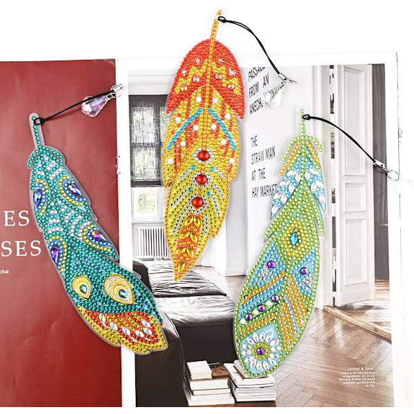 6 st 5D Diamantmålning Bokmärke Fjäderform Rhinestone Bokmärken Full Borr Kristall DIY Ritning efter Nummer Broderi för Konst Hantverk Present