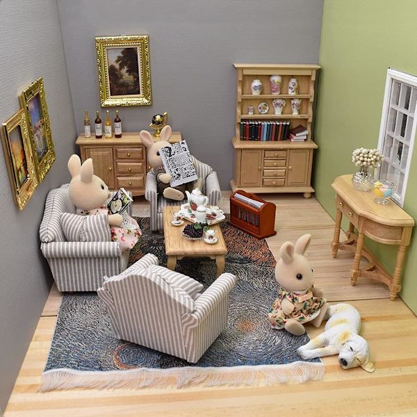 Mini træ dukkehus møbelsæt: Dukkehus stue sofa, skab, sofabord (klassiske dukkemøbler 7 stykker)