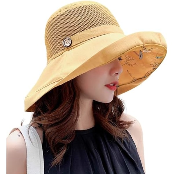 Kvinnors Mesh Solhattar Sommar Strand UV-skydd UPF Packable Bred Brätte Hakrem yellow