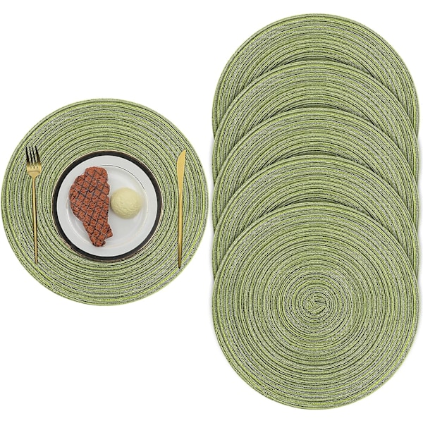 38 cm vävda runda 6 st bordsunderlägg värmeisolering halkfria tvättbara bordsunderlägg för hem bröllop restaurang (grön)