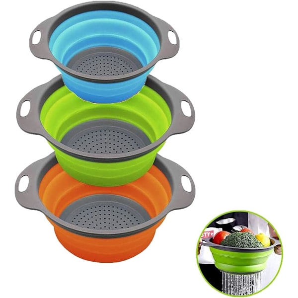 Hopfällbar köksdurkslag / 3 durkslag set, hopfällbart durkslag i silikon, perfekt för pasta, grönsaker, frukt (29x24cm/24.5x20cm)