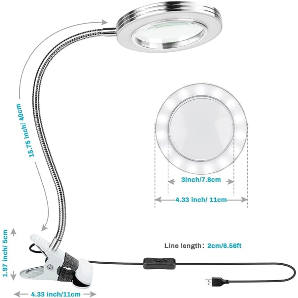 LED-förstoringslampa med klämma, 8X 360° belysande förstoringslampa med USB-driven metallklämma för hobbyer läsning konst hantverk