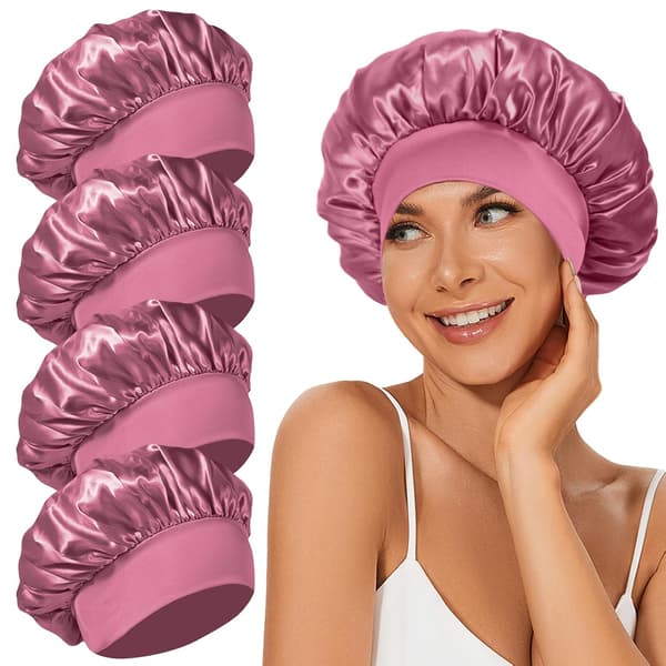 Sovehetter i silkesateng, hårhette for soving, elastisk bredbåndet silkehette, myk og pustende (rosa x 4)