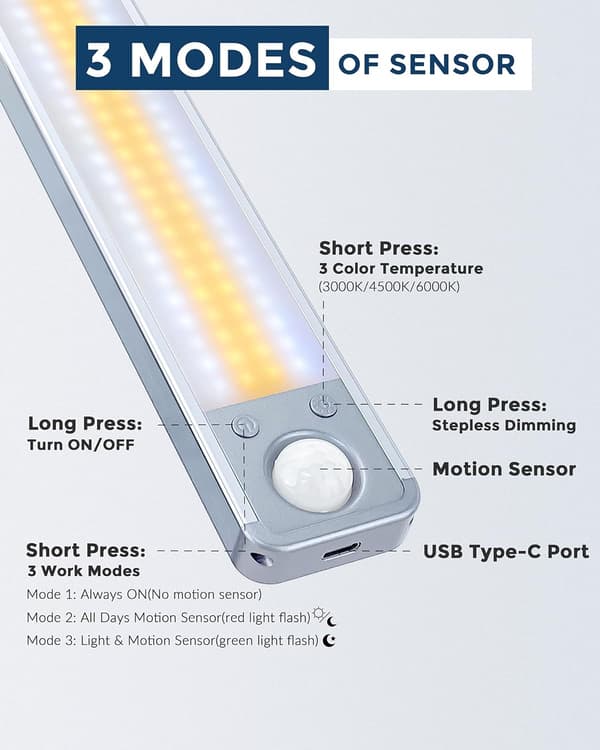 Skab Lys, Genopladelig LED Køkken Bevægelsessensor med 3 Sensor Tilstande/3 Farver/Dæmpbar, LED Under Skab Lys Ledningsfri Lys